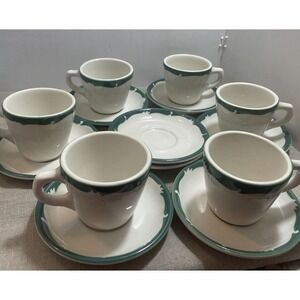 Syracuse China Restaurant ‎ Green Wave Crest CUP & SAUCER Wintergreen 6 Sets